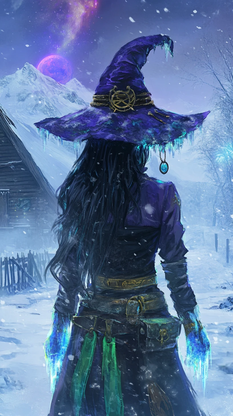Garota bruxa de anime coberta de neve com roupa de fantasia de inverno
