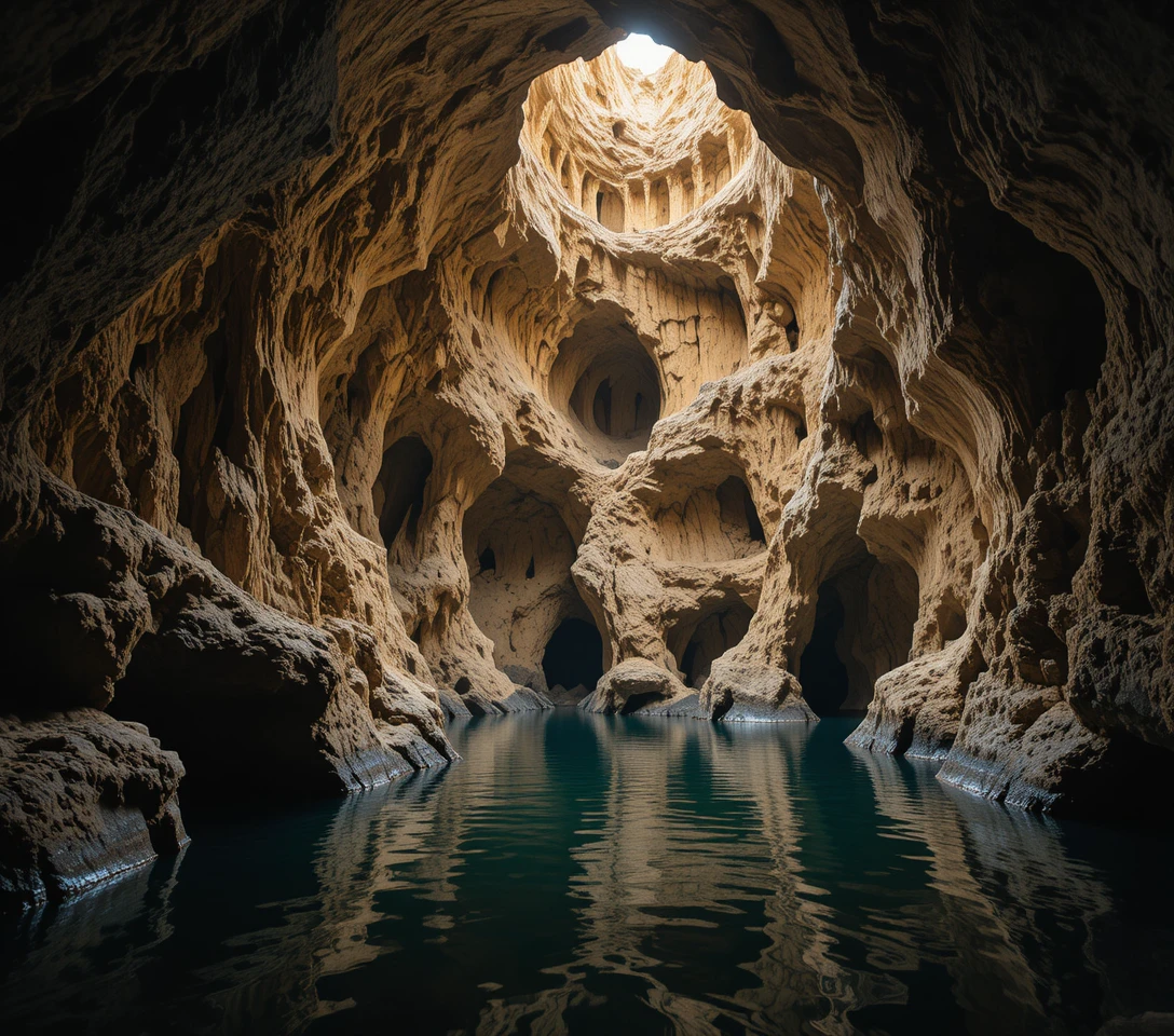 Maestosa grotta sotterranea con acqua scura e perfettamente riflettente