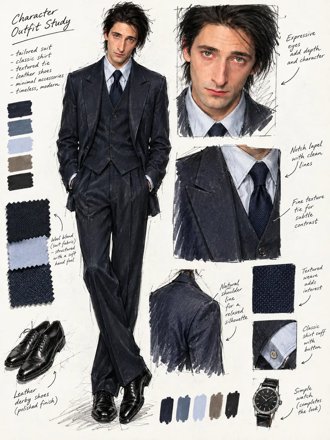 Fashion sketchbook page with character outfit study layout