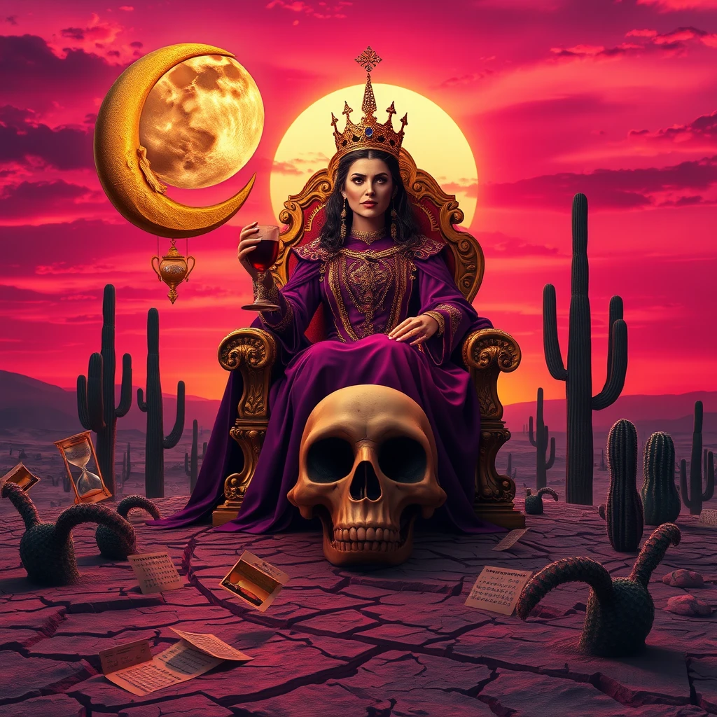 Regina gotica su un trono dorato nel crepuscolo surreale del deserto