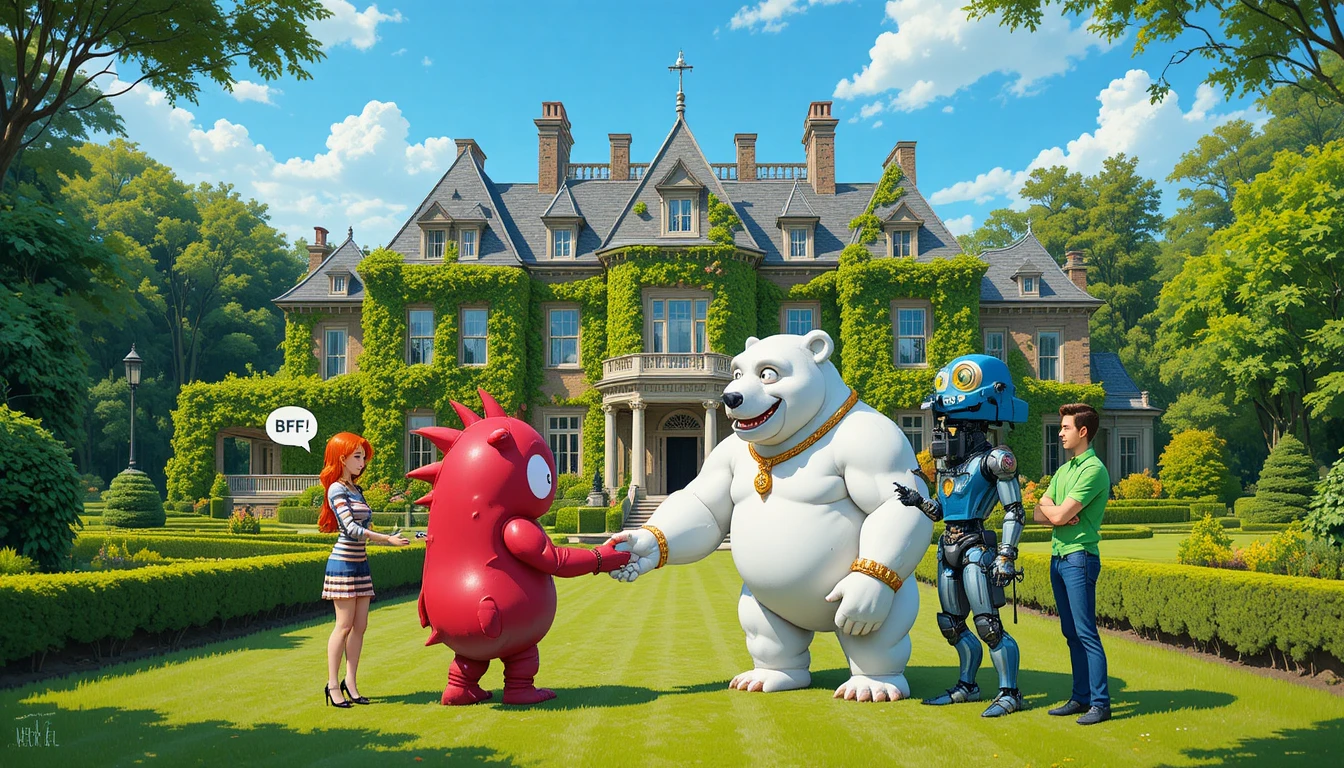 Prächtige efeubewachsene Villa mit verspielten Cartoonfiguren
