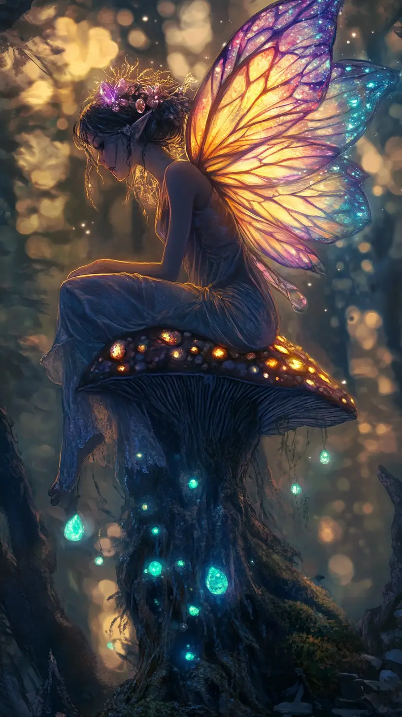 Crystal winged fairy resting on glowing forest mushroom