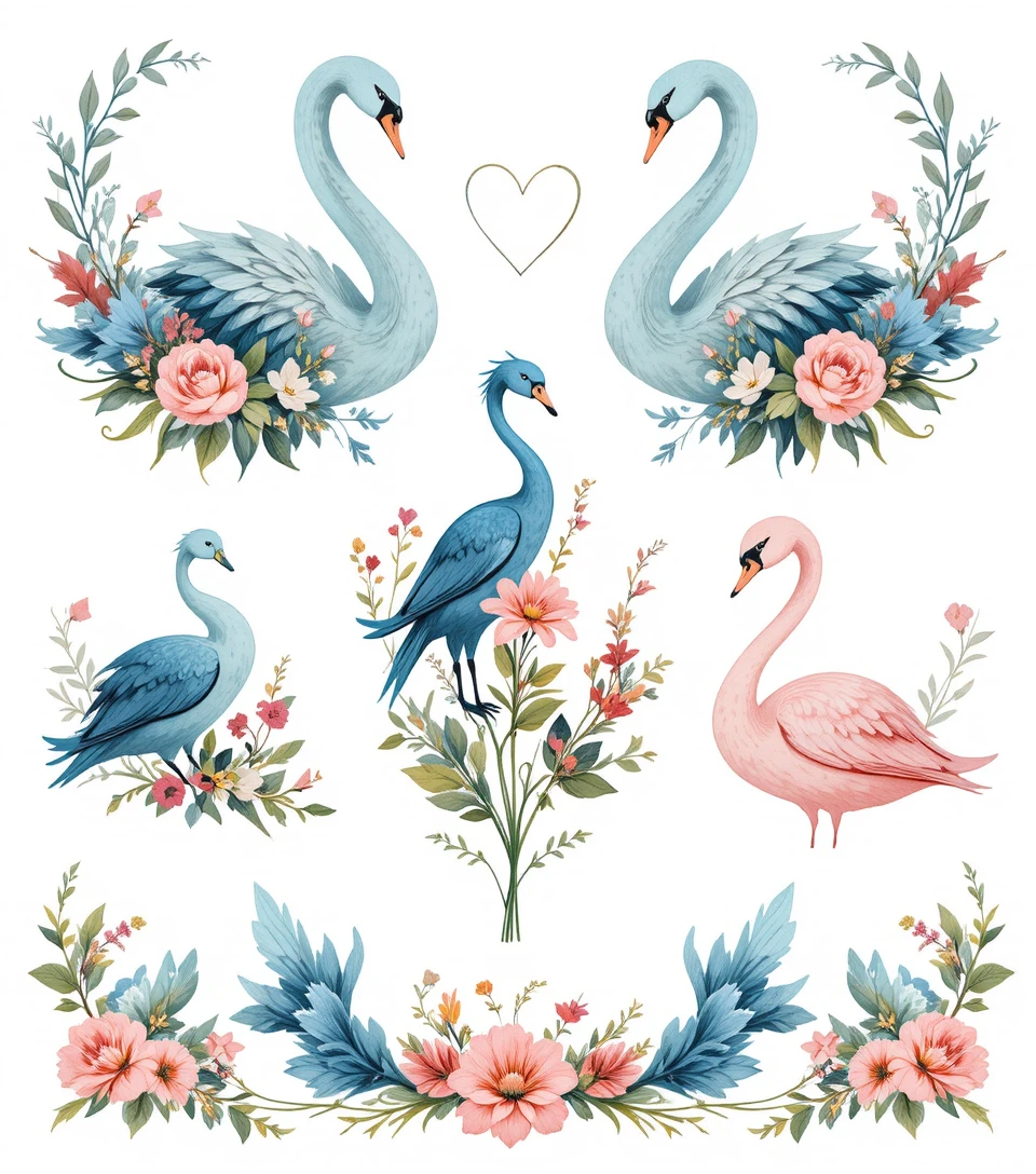 Stylized swan and bird motifs with floral vector ornaments