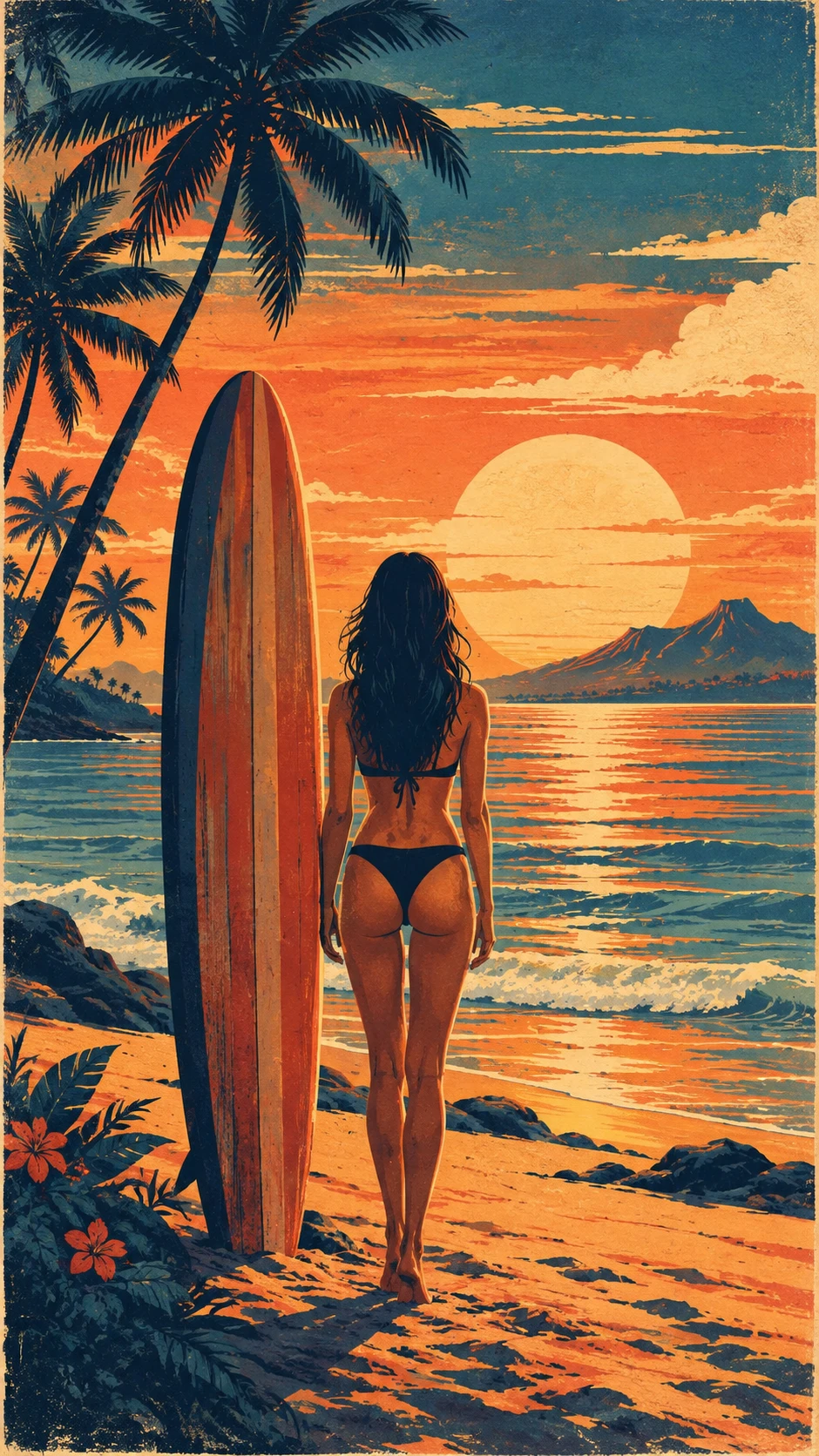 夏威夷海灘復古熱帶夕陽下的女子藝術圖