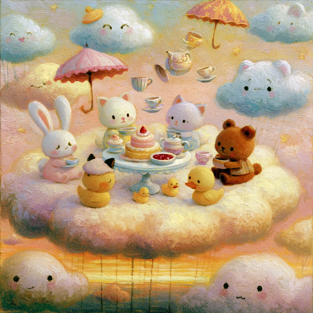 Adorable goûter entre animaux sur un doux nuage flottant