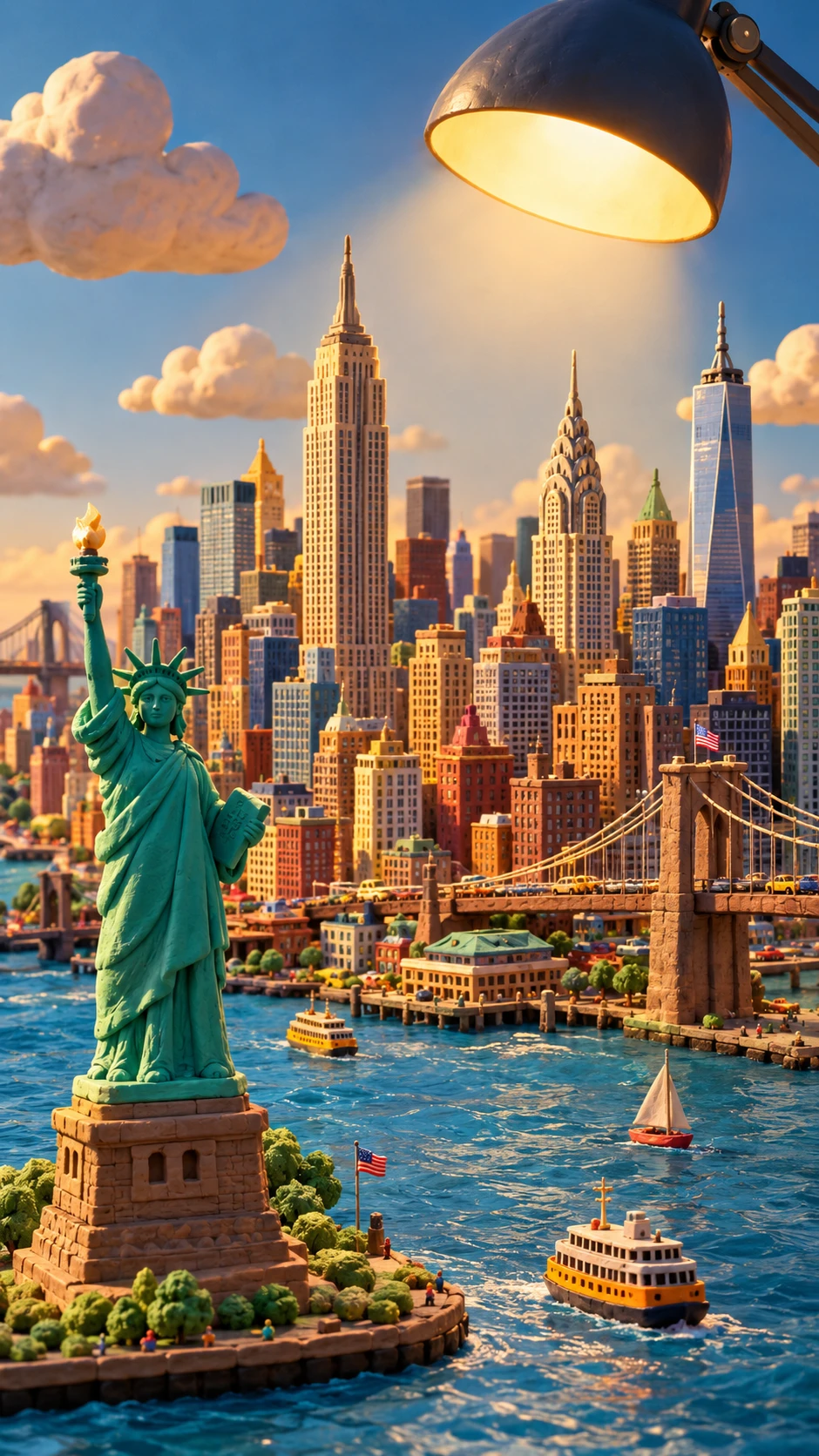 Miniatura de horizonte de Nova York em argila sob um abajur quente
