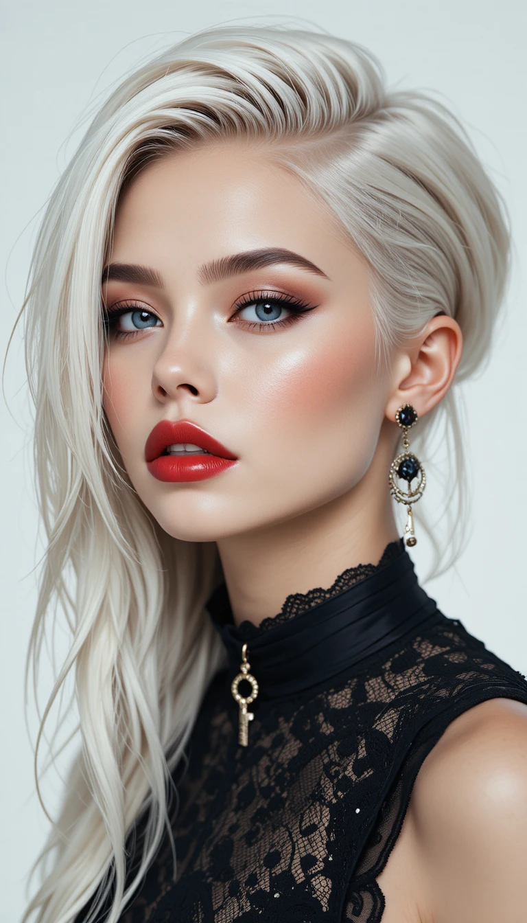 Mujer de moda rubia platino atrevida con maquillaje impactante