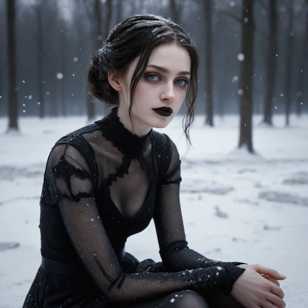 Mulher gótica sentada nua em uma paisagem nevada à noite