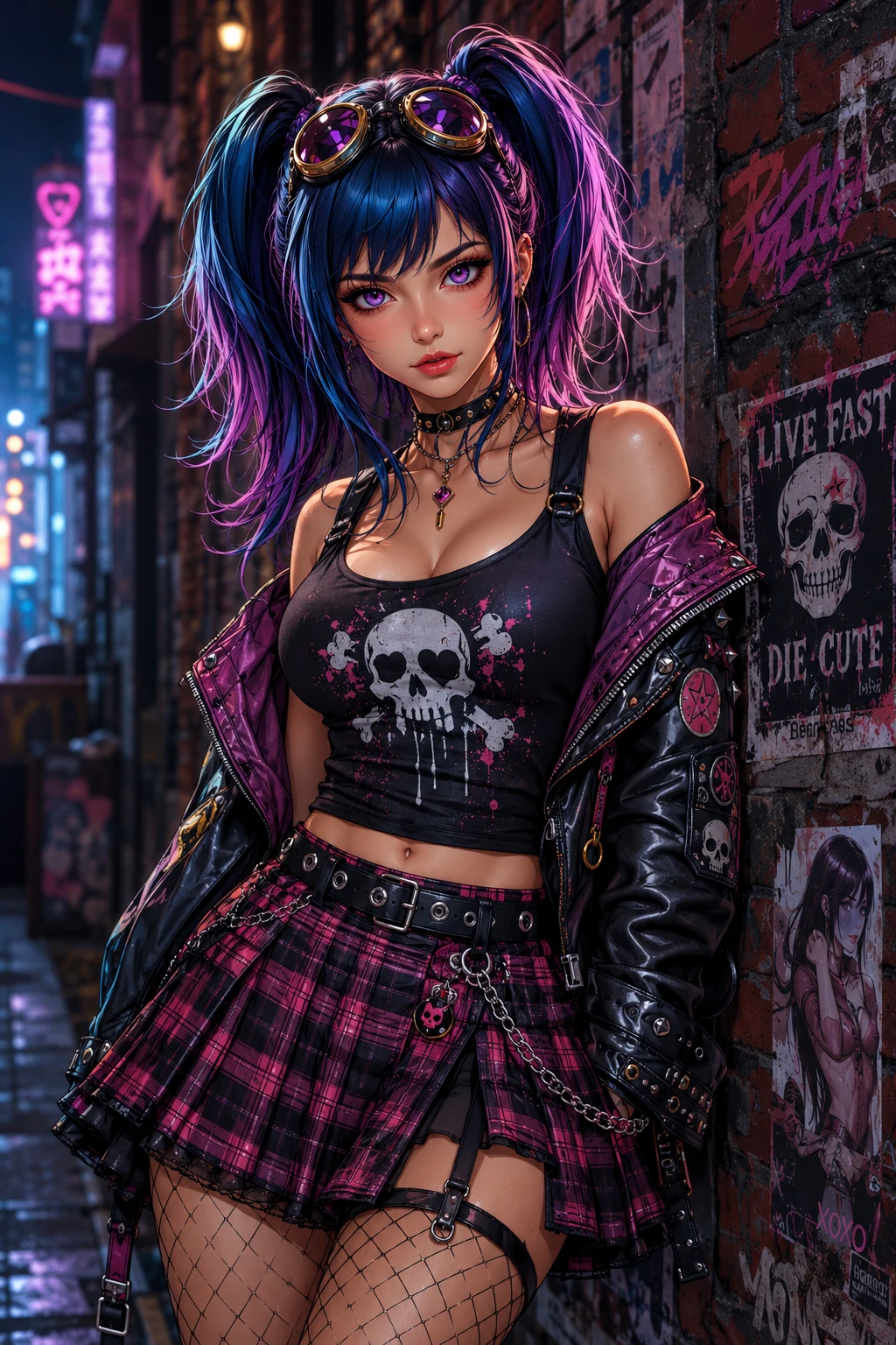 Cute punk anime woman in tartan skirt and tank top