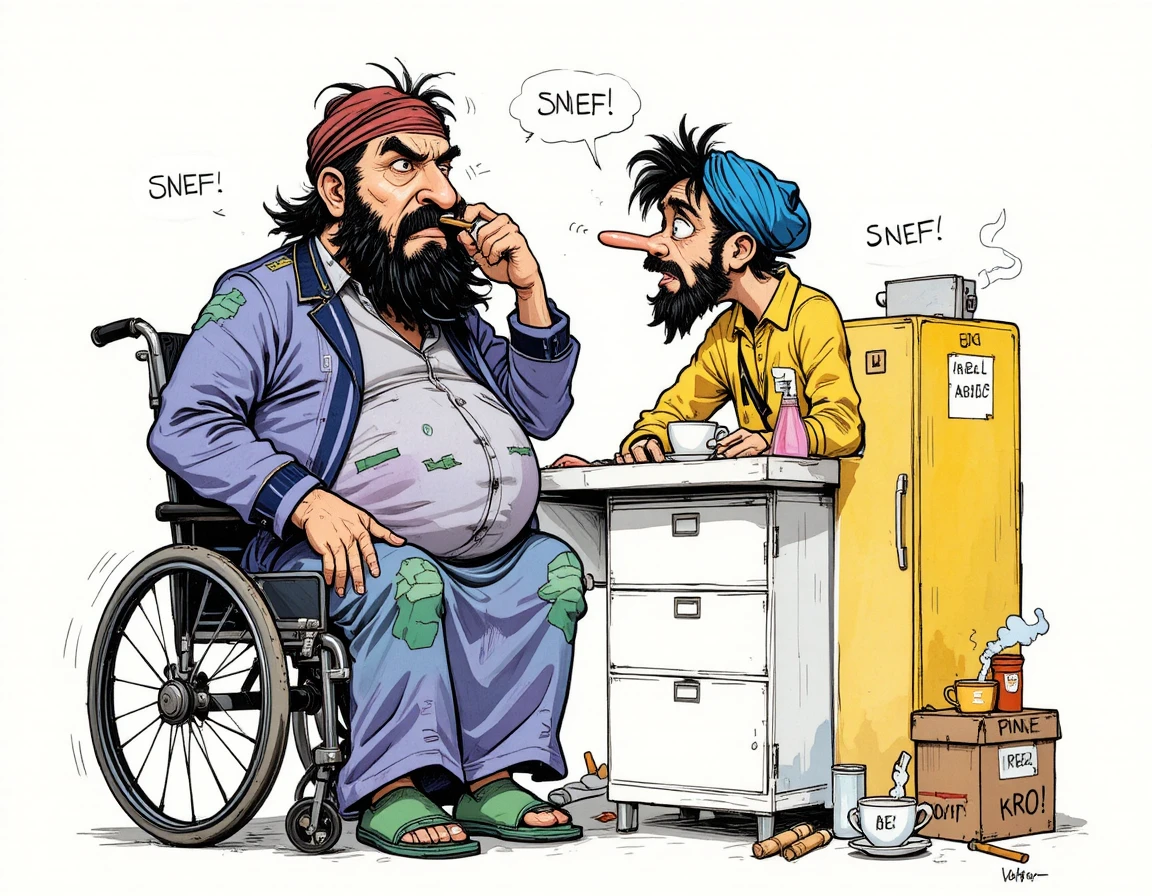 Scène de dessin animé gritty avec deux personnages étranges et un bureau encombré