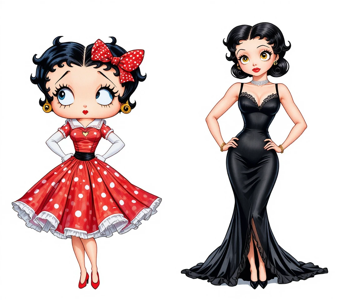 Mulher estilosa em desenho animado com dois looks de moda contrastantes