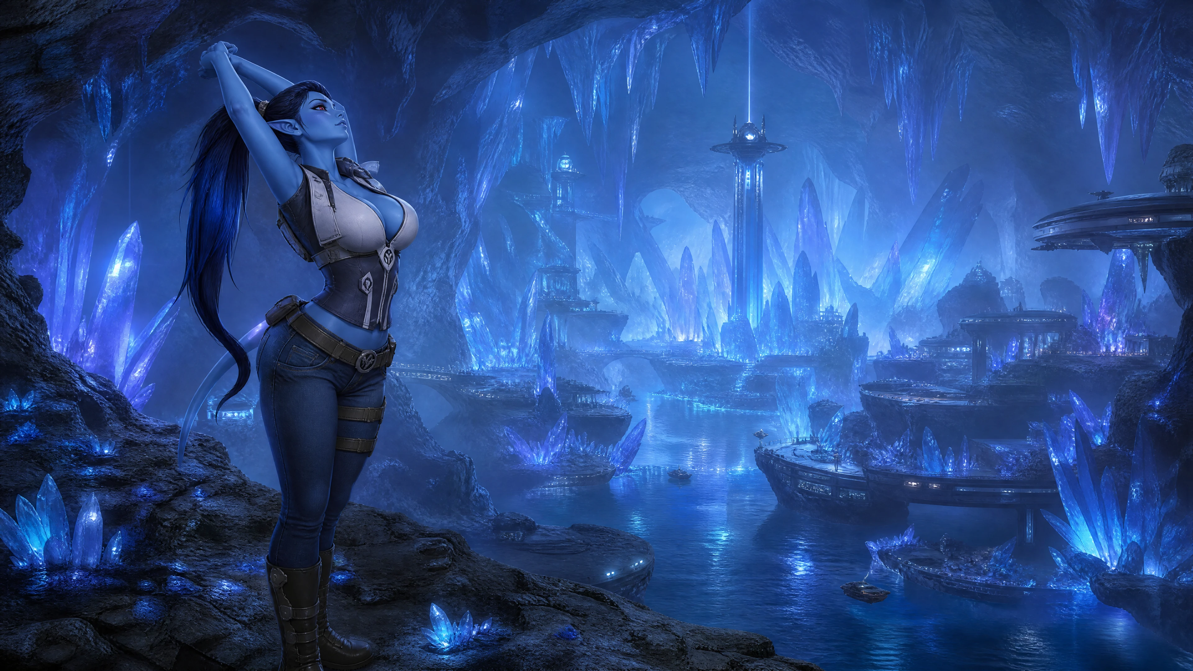 Mulher de pele azul de ficção científica se alongando em uma caverna de cristais