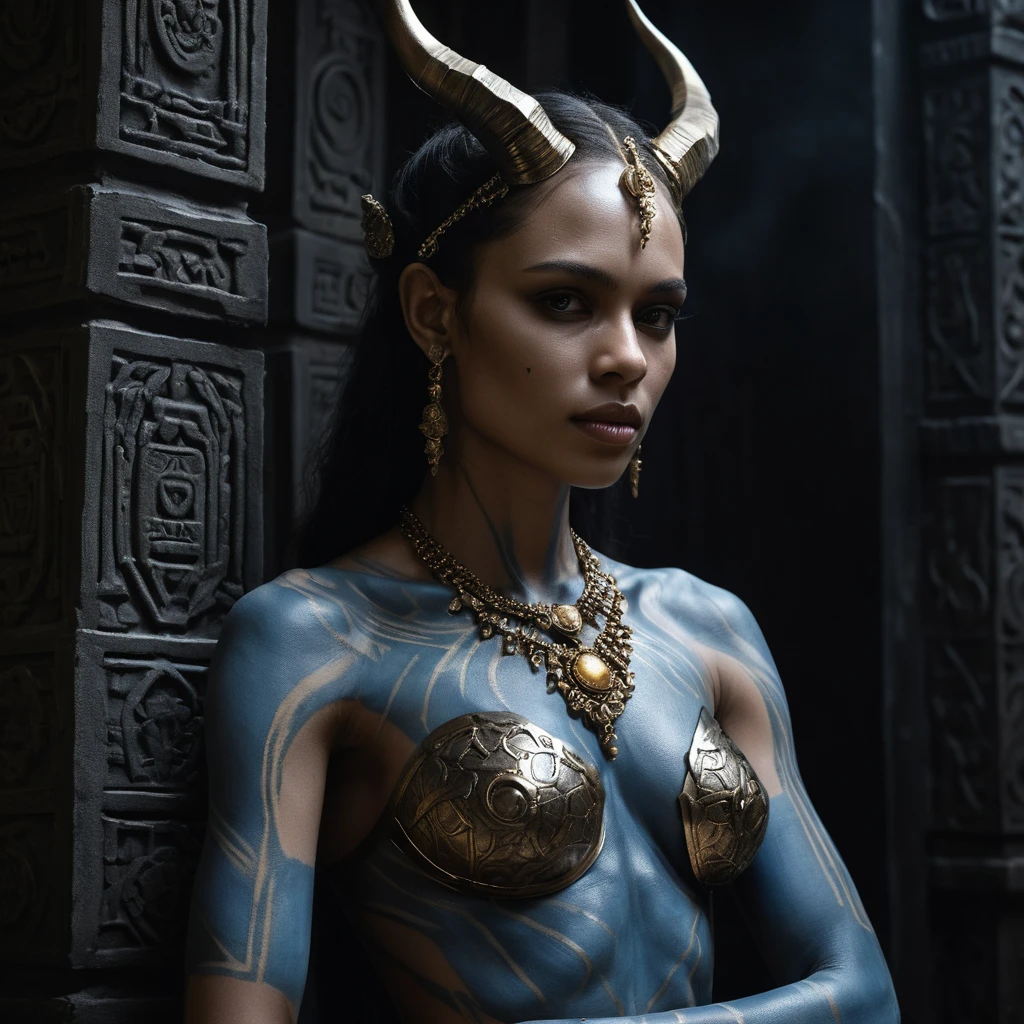 Mulher demônio cibernética nas sombras de um templo antigo