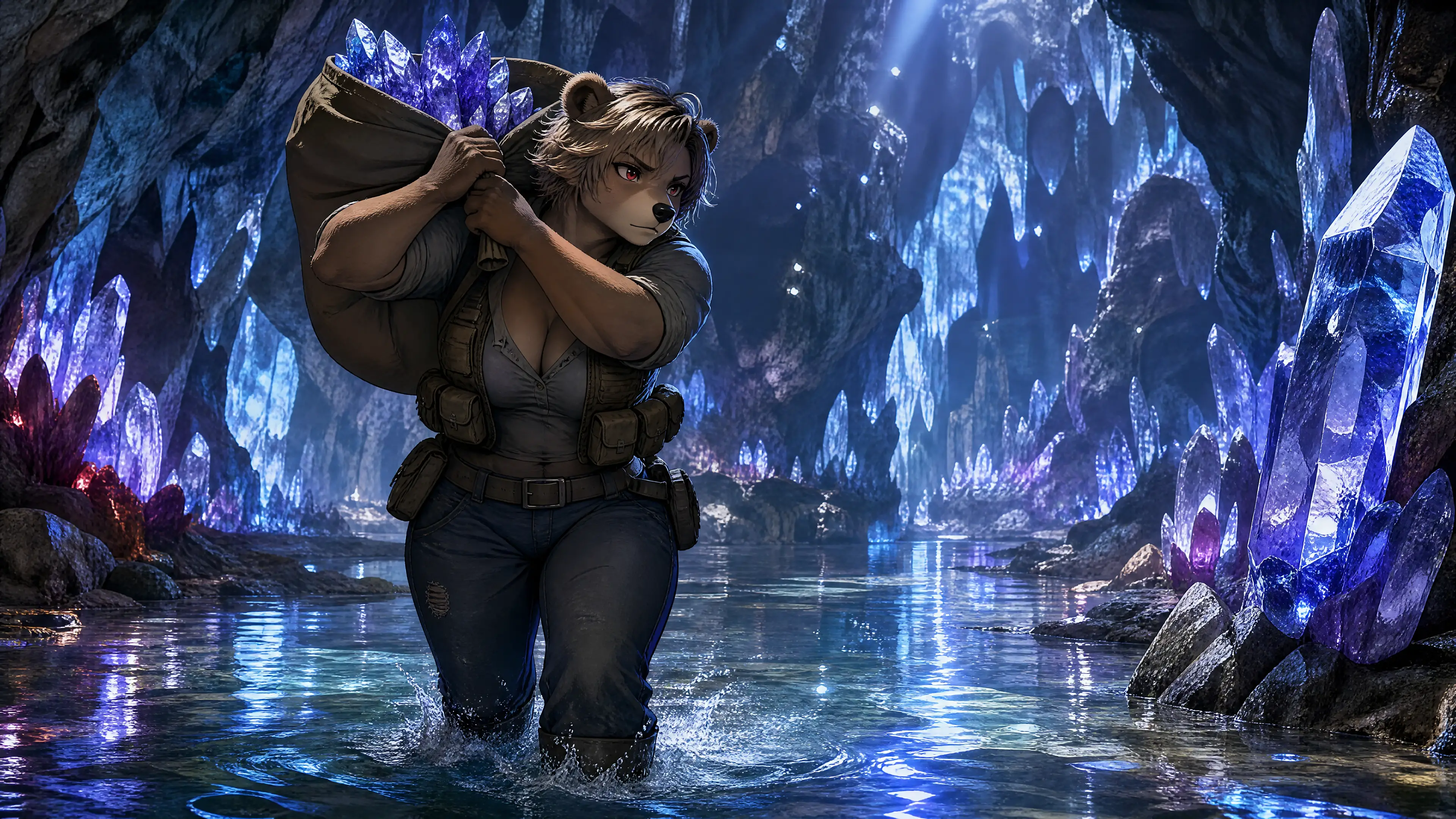 Guerrière anthro traversant un ruisseau dans une caverne de cristal