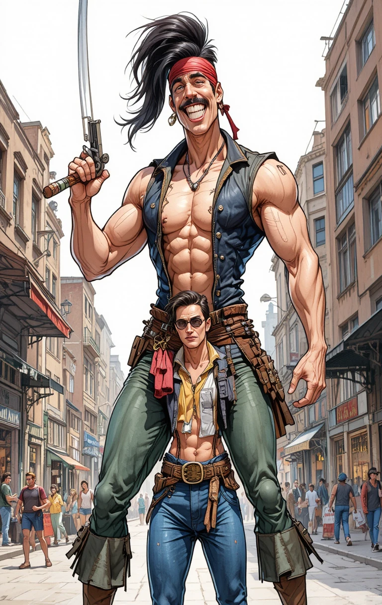 Pirate de dessin animé dominant un homme nerveux sur fond blanc