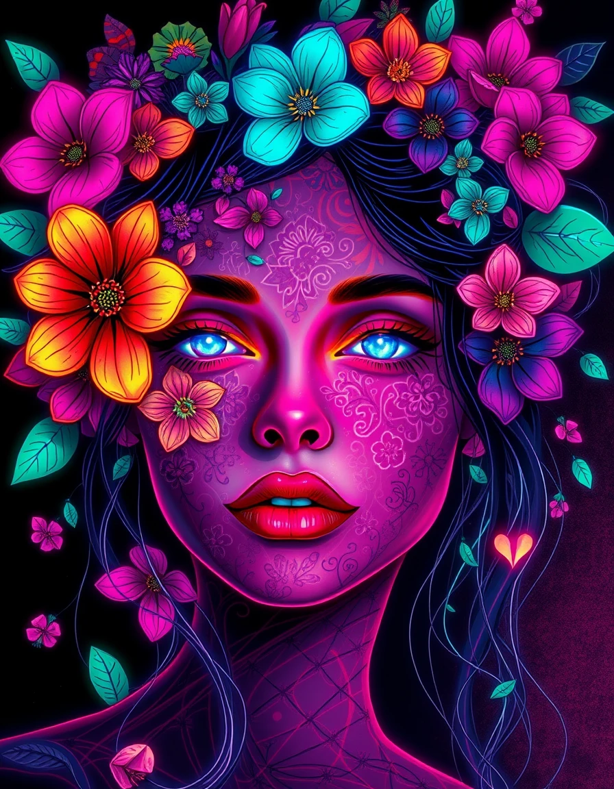Retrato floral surreal de uma mulher com olhos brilhantes