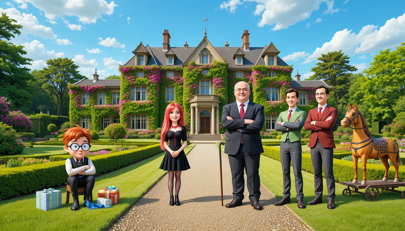Personaggi cartoon riuniti davanti a una villa ricoperta di edera