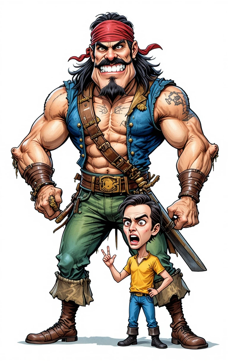 Pirata em estilo cartoon se impondo sobre homem nervoso em fundo branco