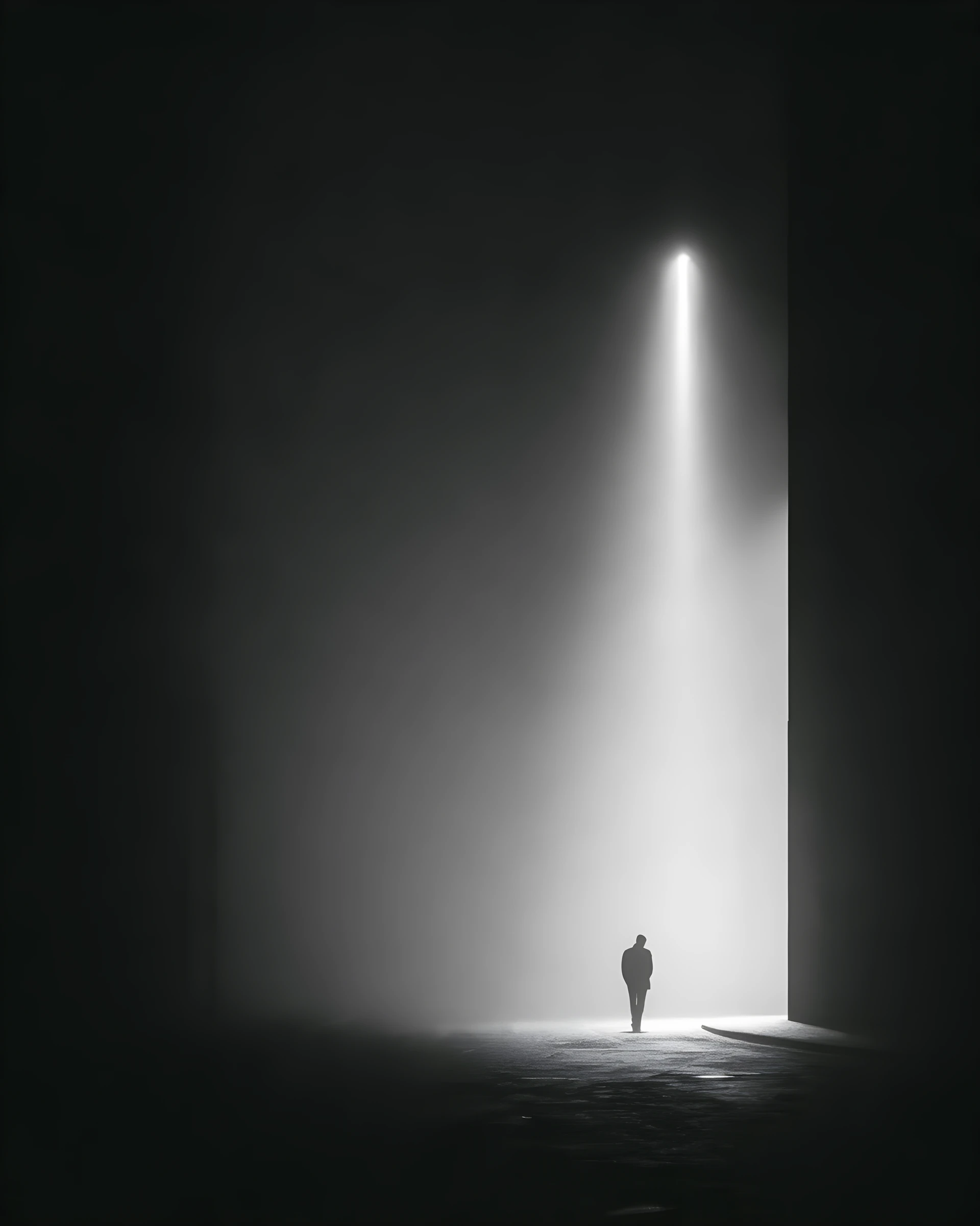 Figura solitária em luz noir intensa em rua urbana enevoada