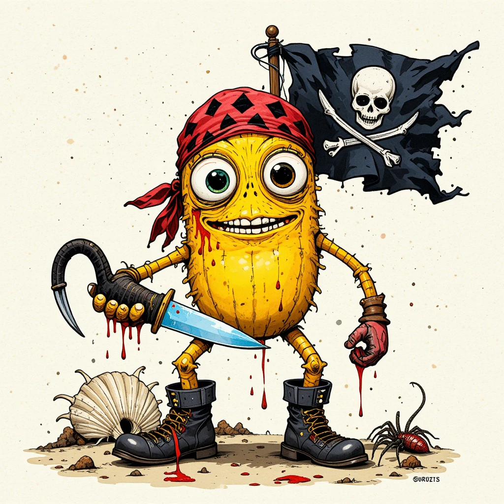 Creatura pirata cartoon con mano ad uncino e bandiera lacerata