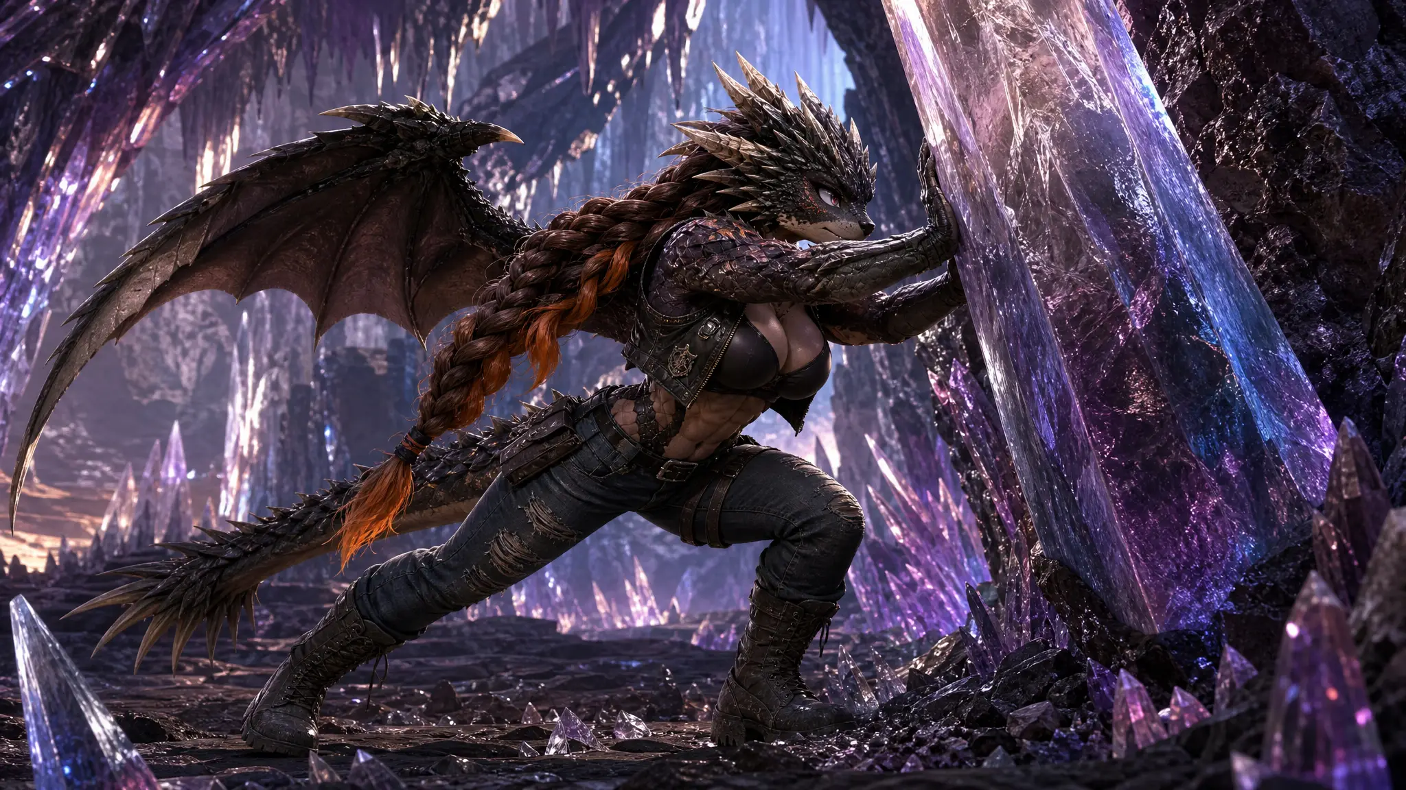Femme dragon ailée poussant un énorme cristal dans une grotte