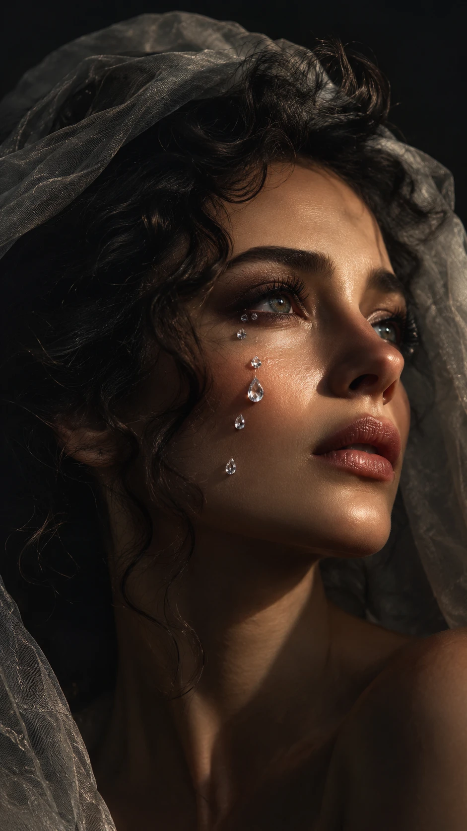 Retrato cinematográfico de uma mulher velada com lágrimas de diamante