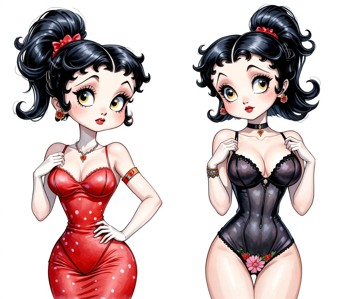対照的な2つのヴィンテージドレスを着たスタイライズされた漫画風の女の子