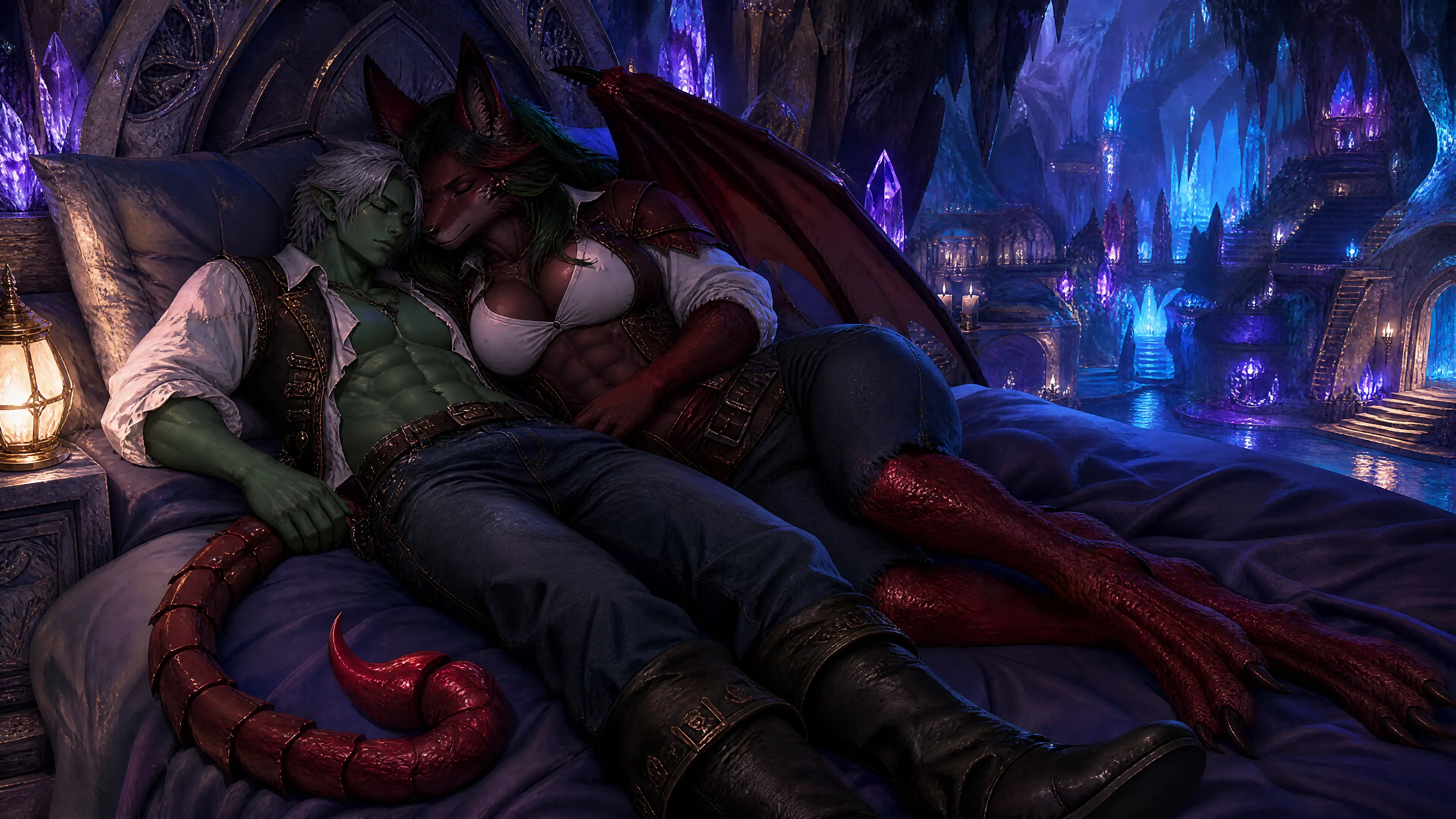 Couple anthro dormant ensemble dans une grotte de cristal lumineuse