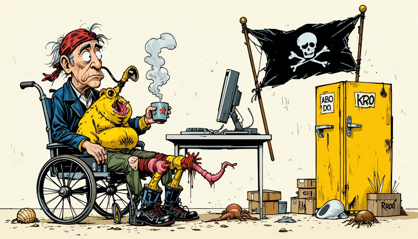 Homem rústico em cadeira de rodas ao lado de mesa de computador bagunçada (cartoon)