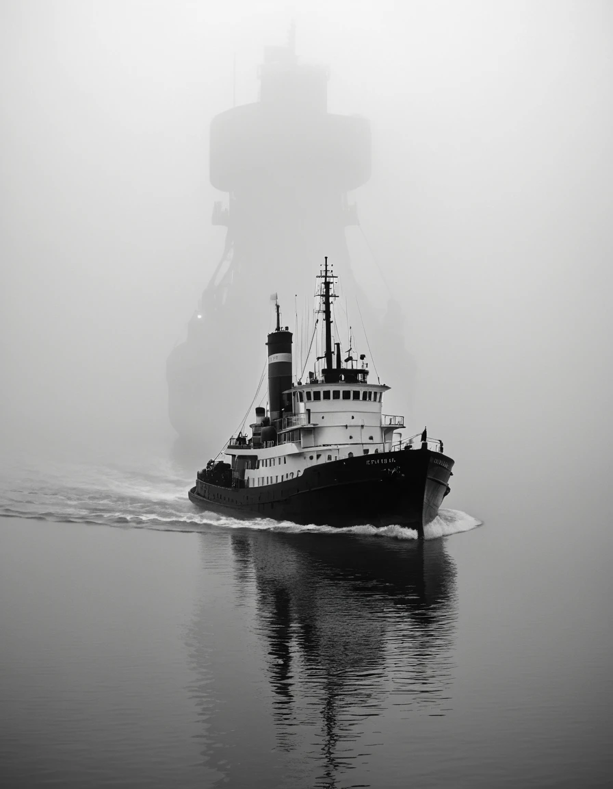 Silhouette di rimorchiatore che traina un transatlantico attraverso una fitta nebbia