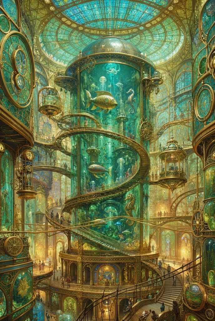 Vasta catedral steampunk construida alrededor de un acuario imponente