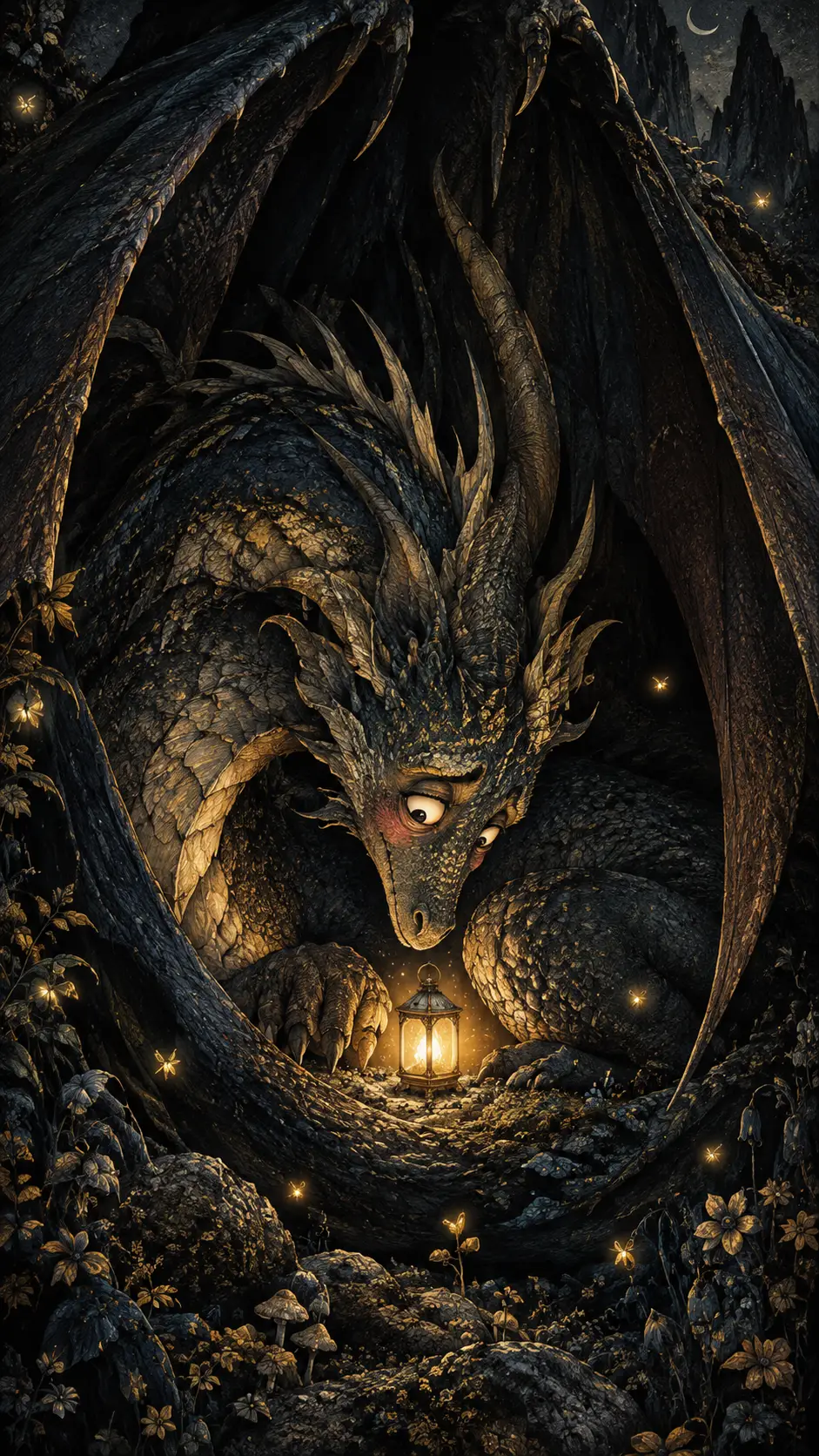 Embarrassed Dragon Guarding A Tiny Glowing Lantern