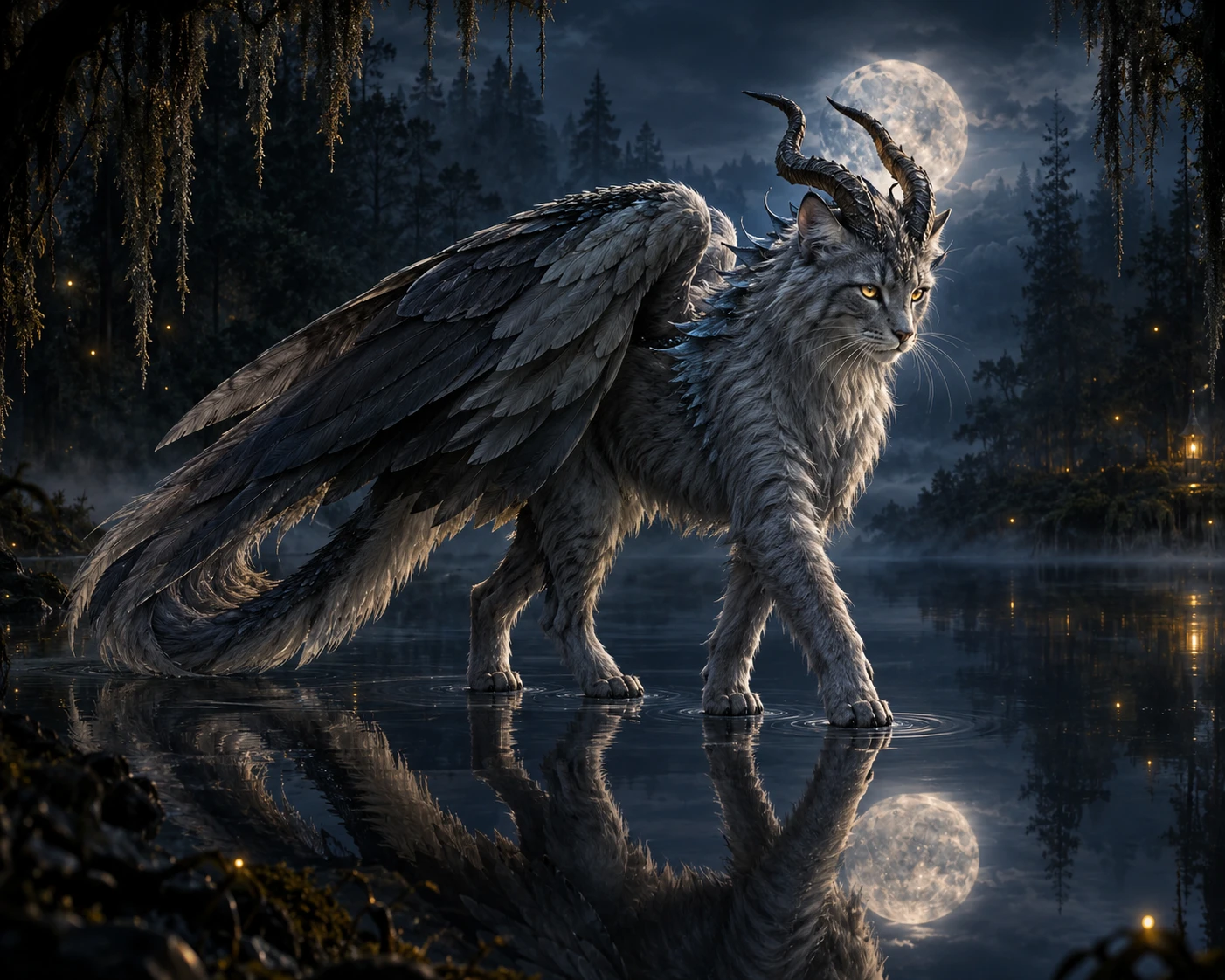 Mystical cat dragon walking across a still black lake