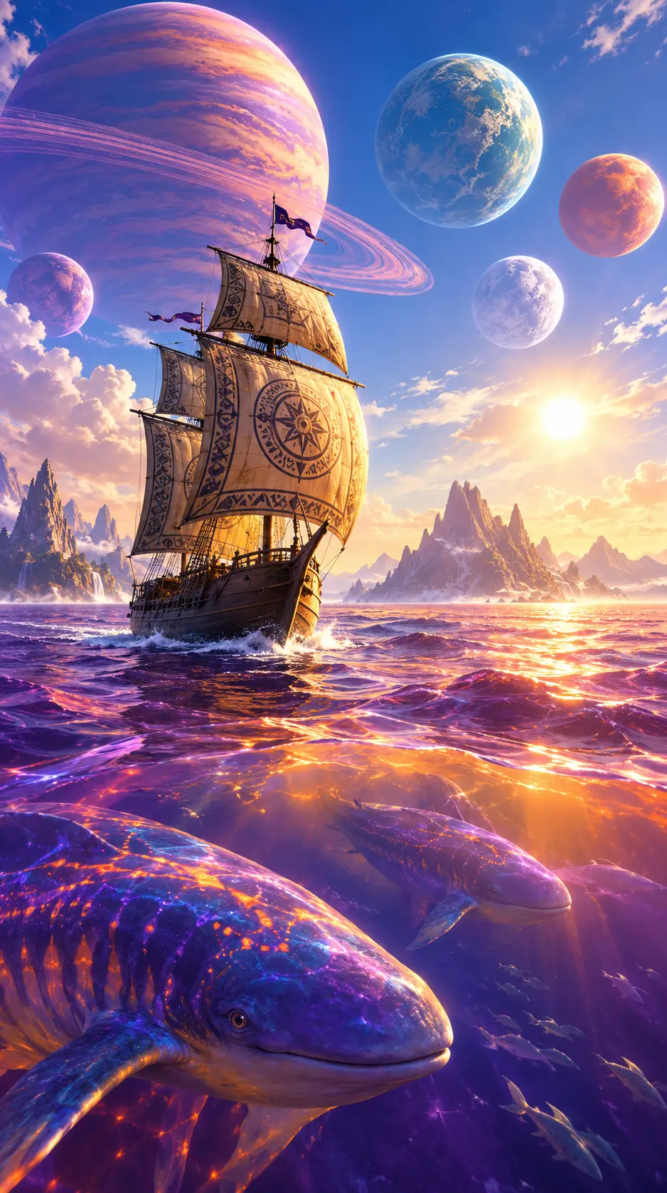 Ancient sailing ship crossing a surreal alien ocean