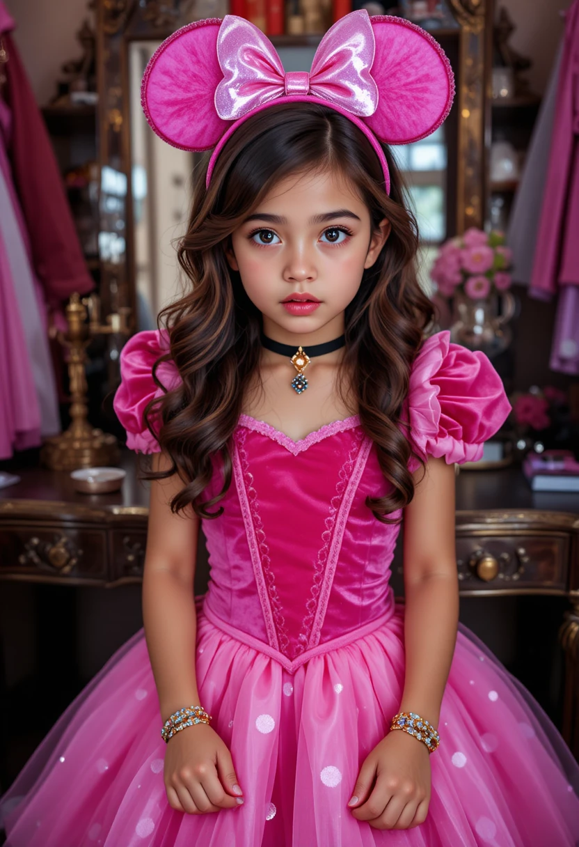 Menino pré-adolescente de princesa posando ao lado de penteadeira