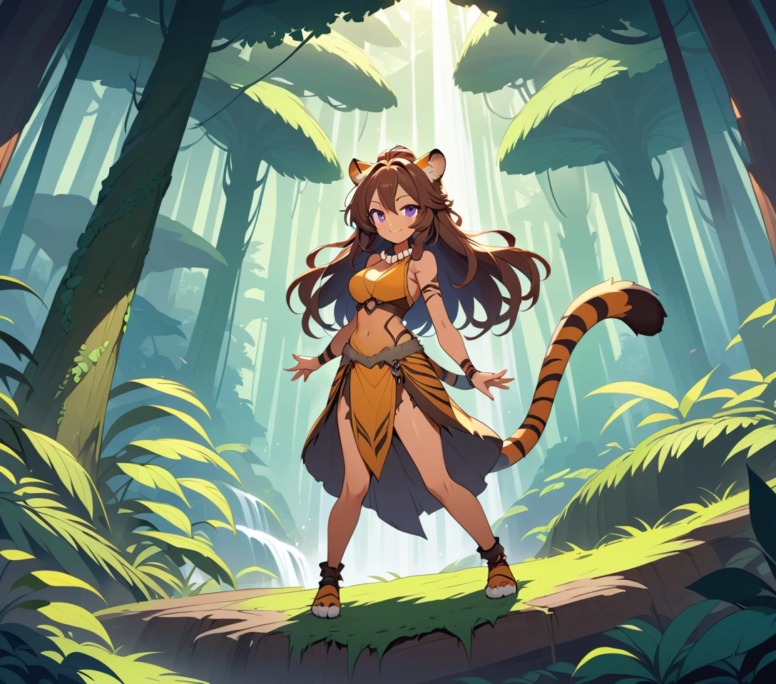 Mulher-tigre de anime em pé sobre uma raiz gigante de árvore na selva