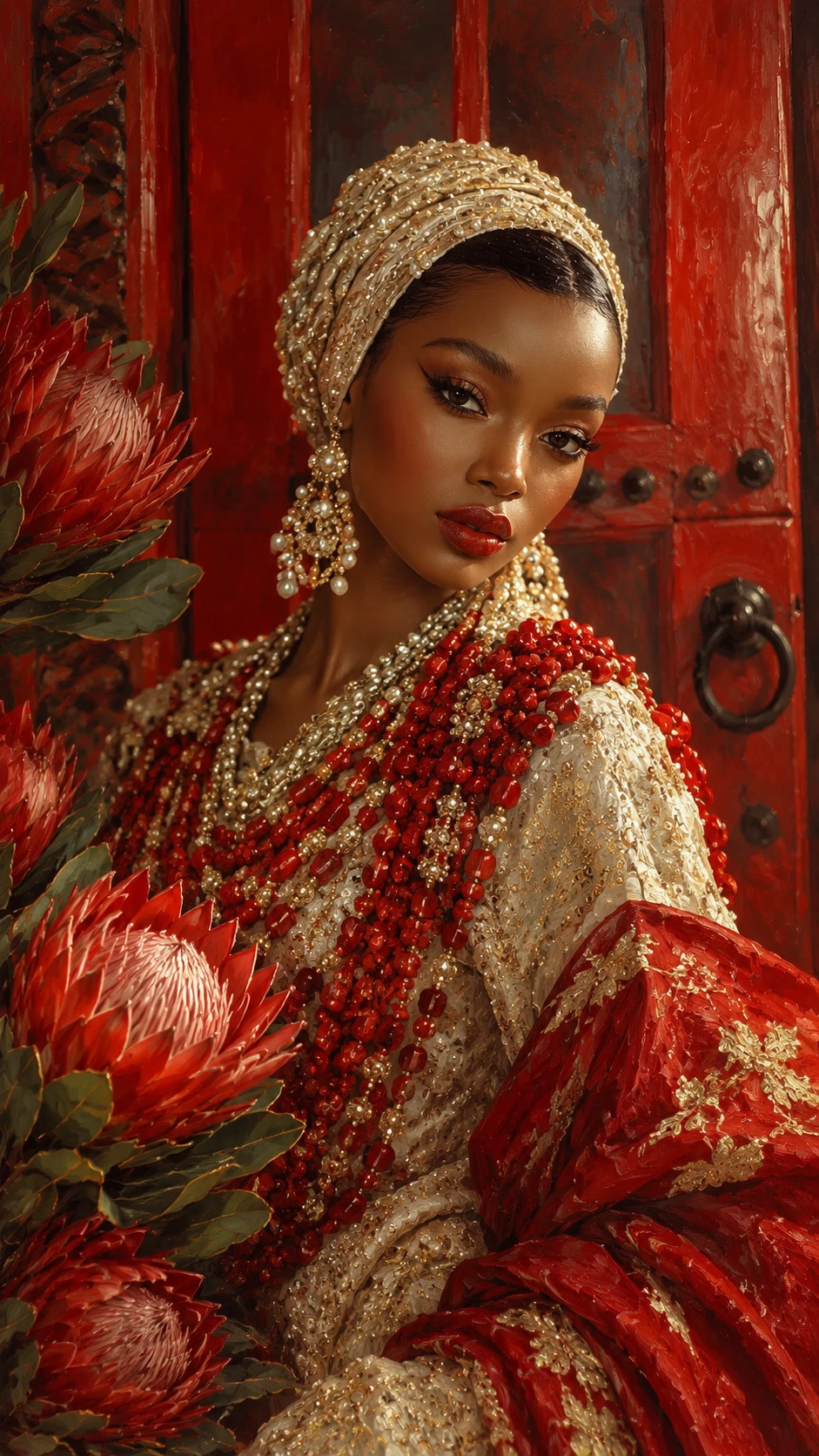 Femme nigériane en tenue traditionnelle devant une porte rouge fleurie