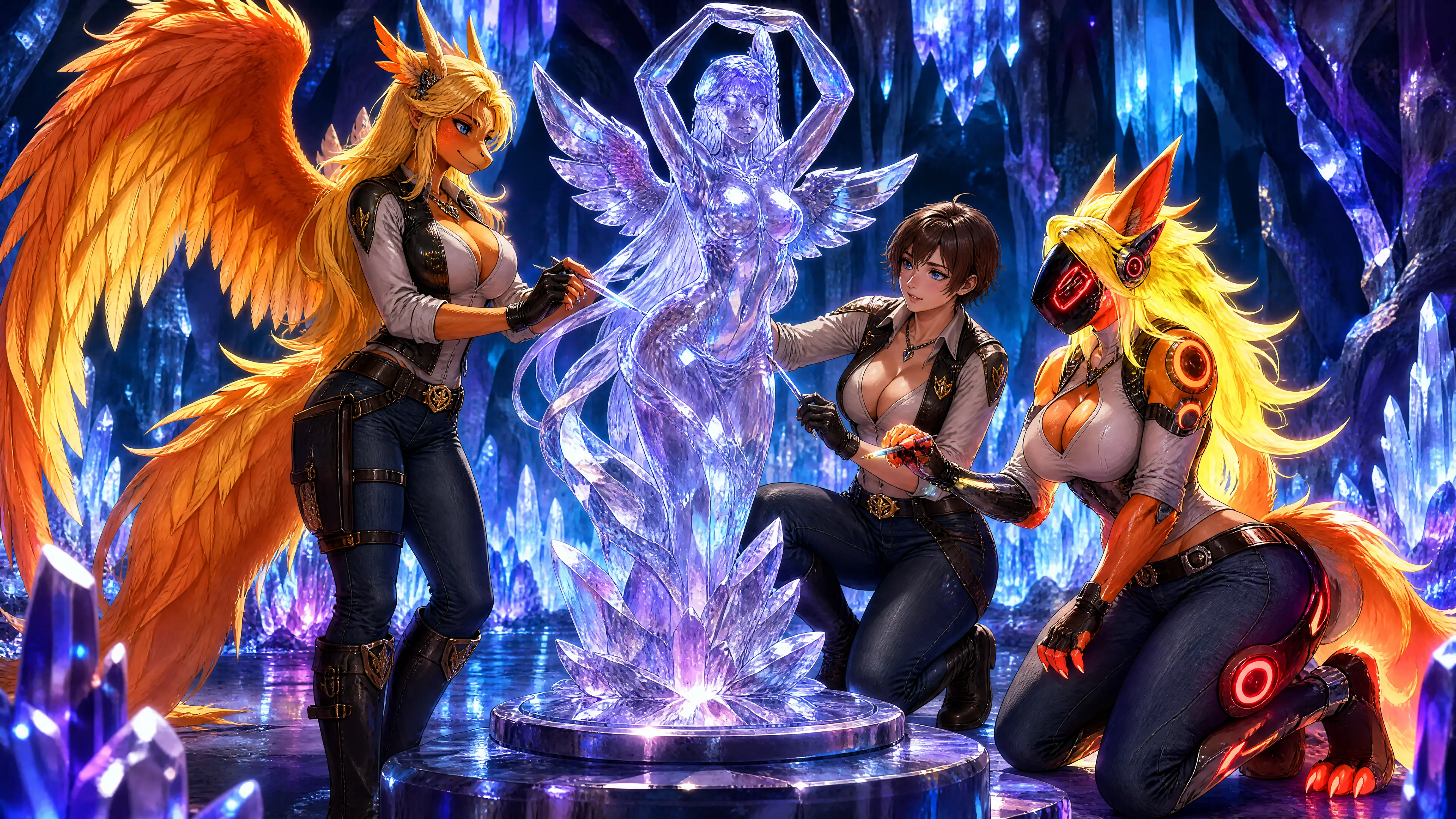 Trois femmes fantastiques façonnant une statue de cristal dans une caverne