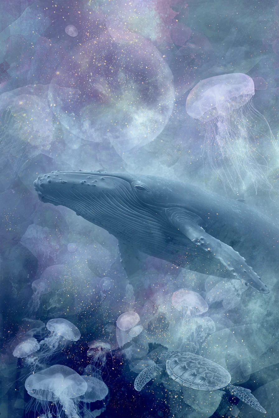 Baleia onírica em dupla exposição sob um céu de superlua
