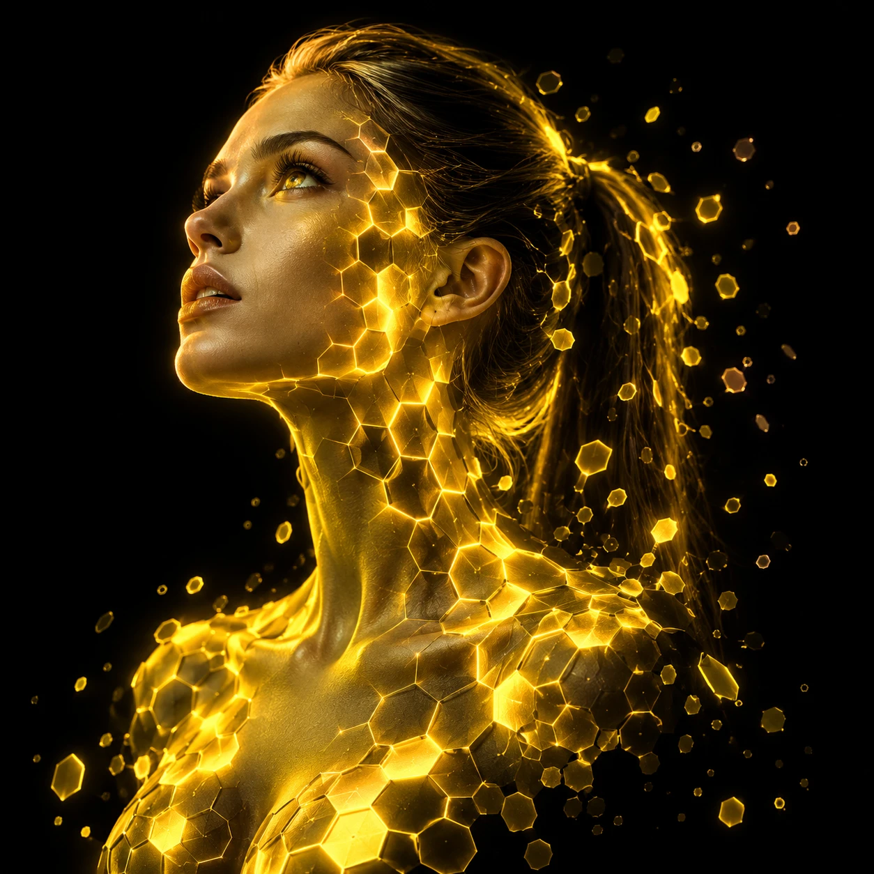 Retrato em neon dourado de uma mulher em três quartos de perfil