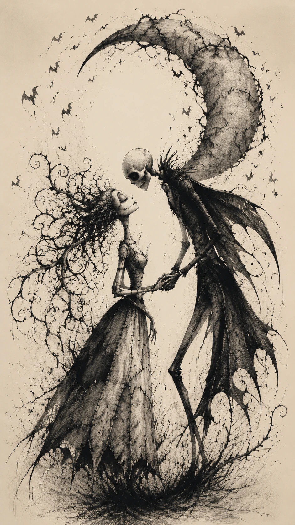 Gothic couple under crescent moon in surreal ink illustration