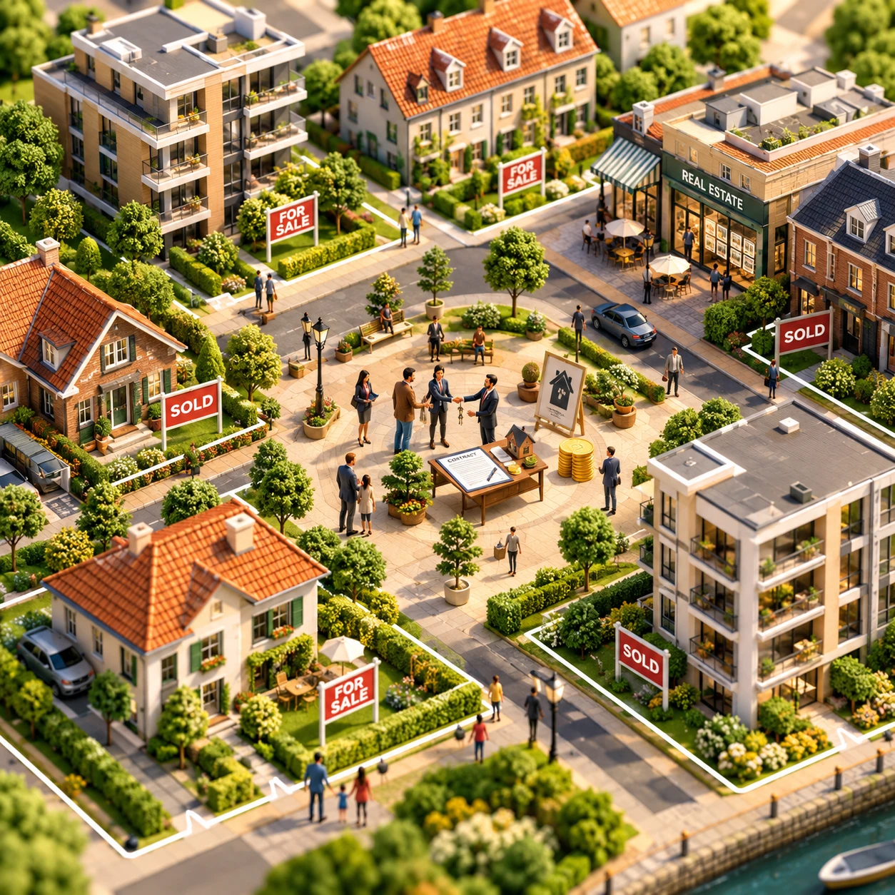 Diorama isométrique de ville miniature avec scène immobilière animée