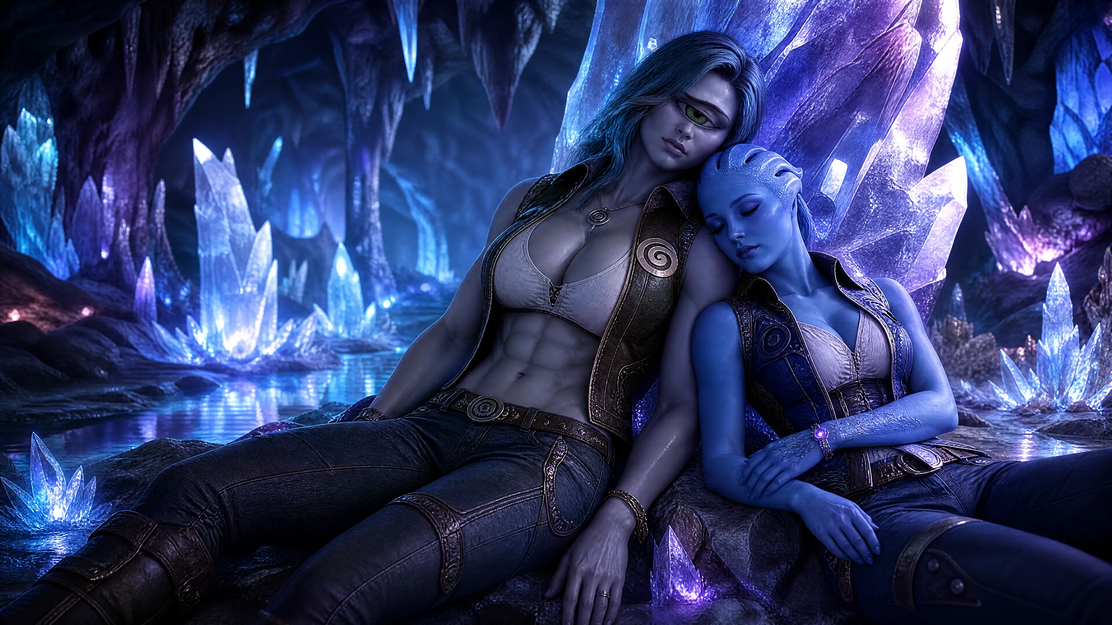 Deux femmes fantastiques dormant ensemble dans une grotte de cristal