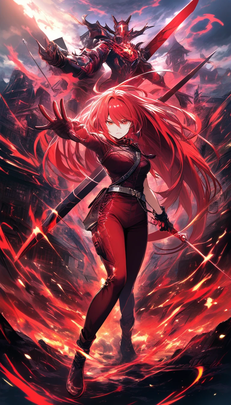 Garota de anime com espada rúnica brilhante em mundo sombrio