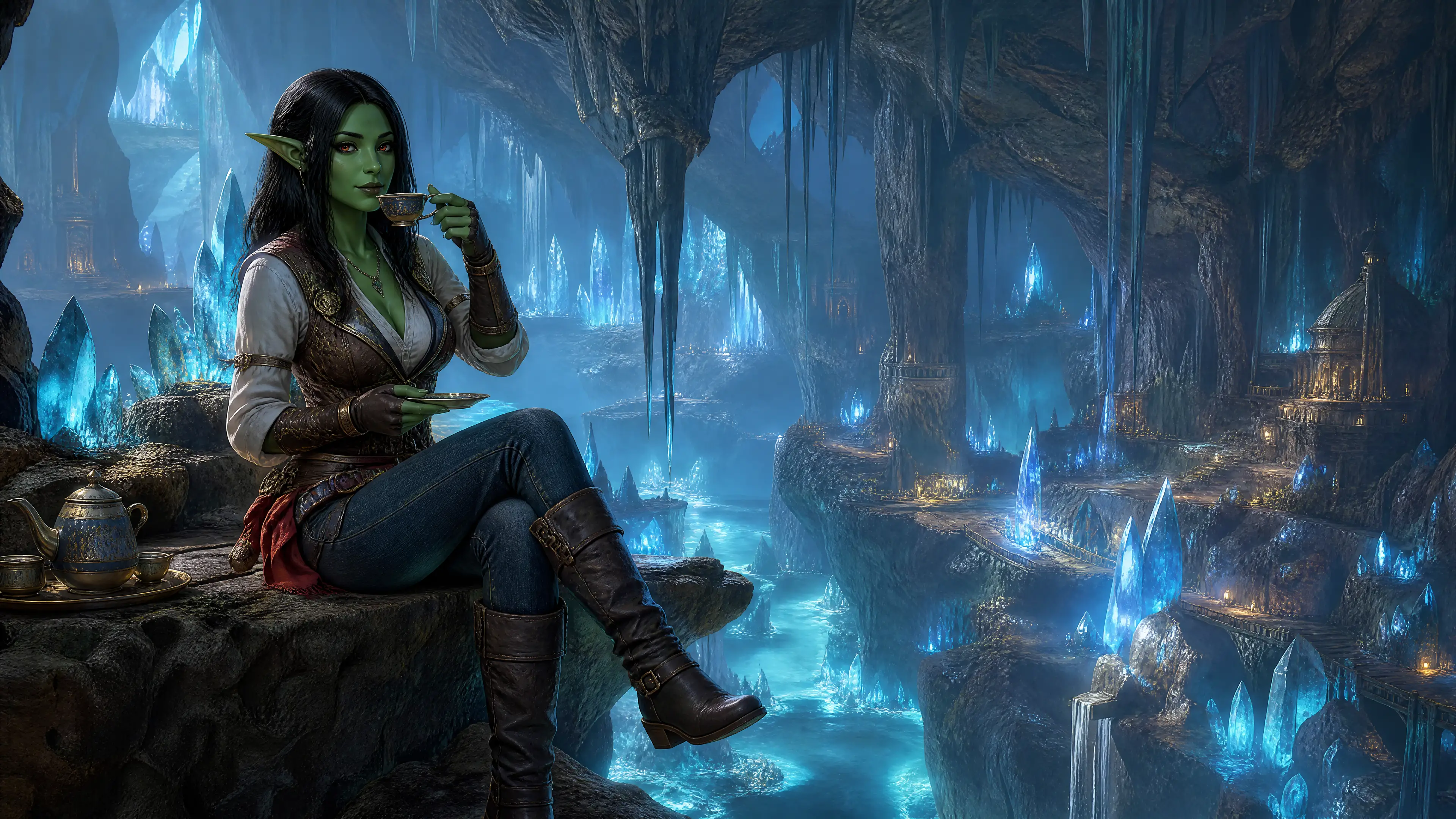 Troll femme verte buvant du thé dans une caverne de cristal