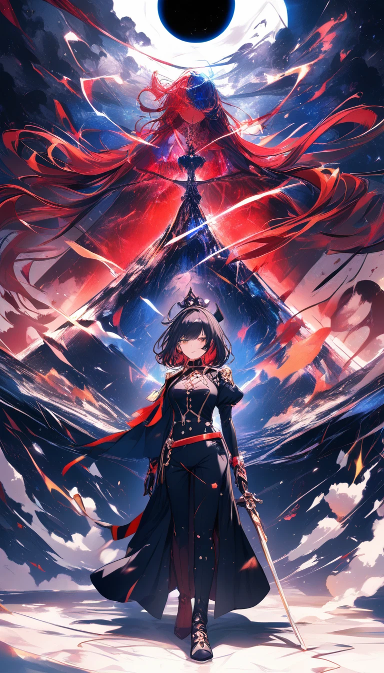 Garota de anime flutuando no espaço com um planeta colorido com anéis