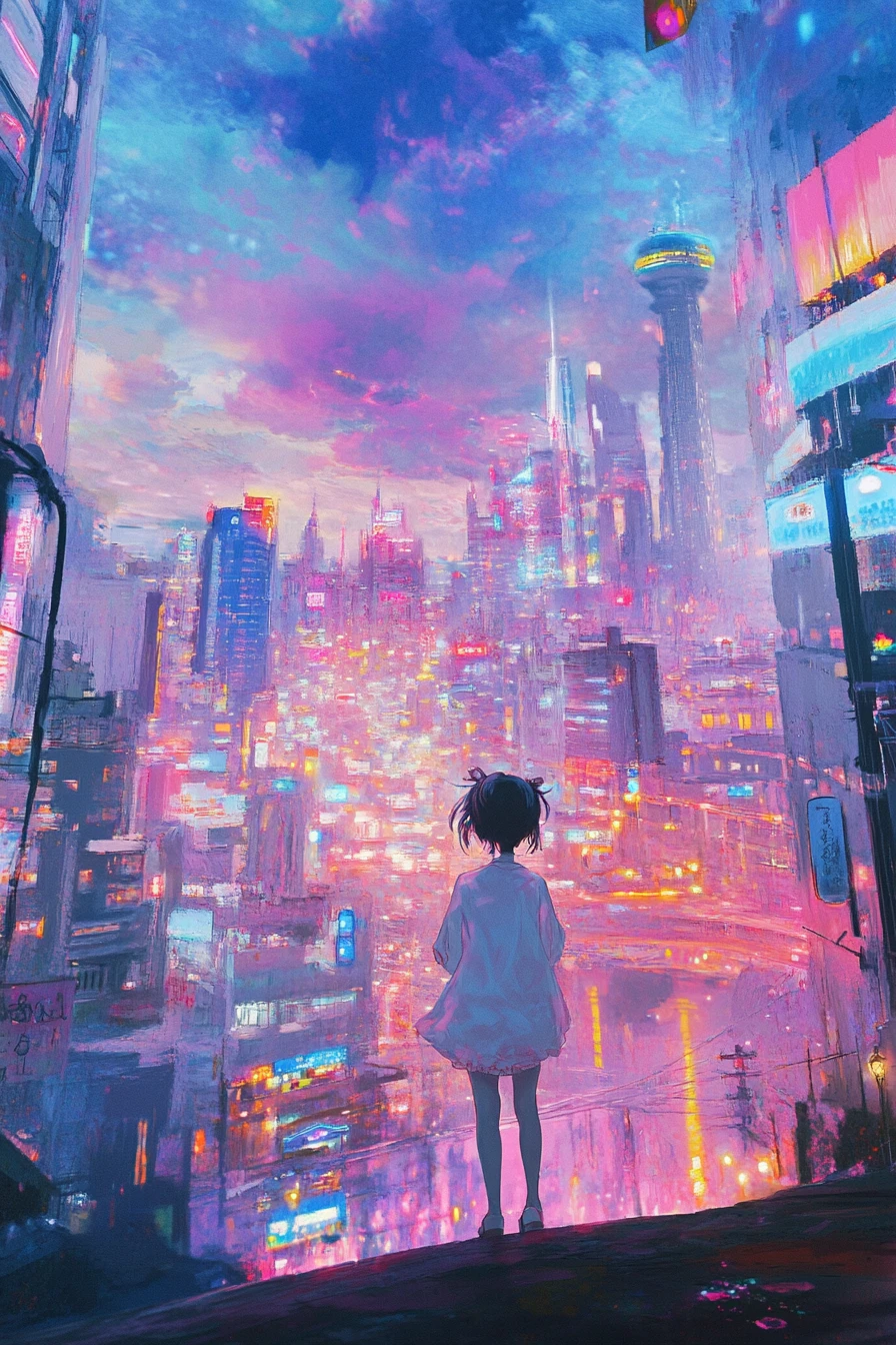 Cena surreal de anime lúdico com formas metálicas em tons pastéis