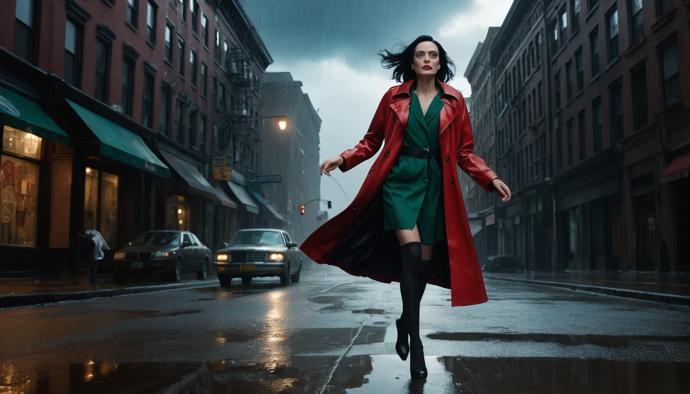 Mulher elegante de casaco vermelho em rua urbana chuvosa e surreal