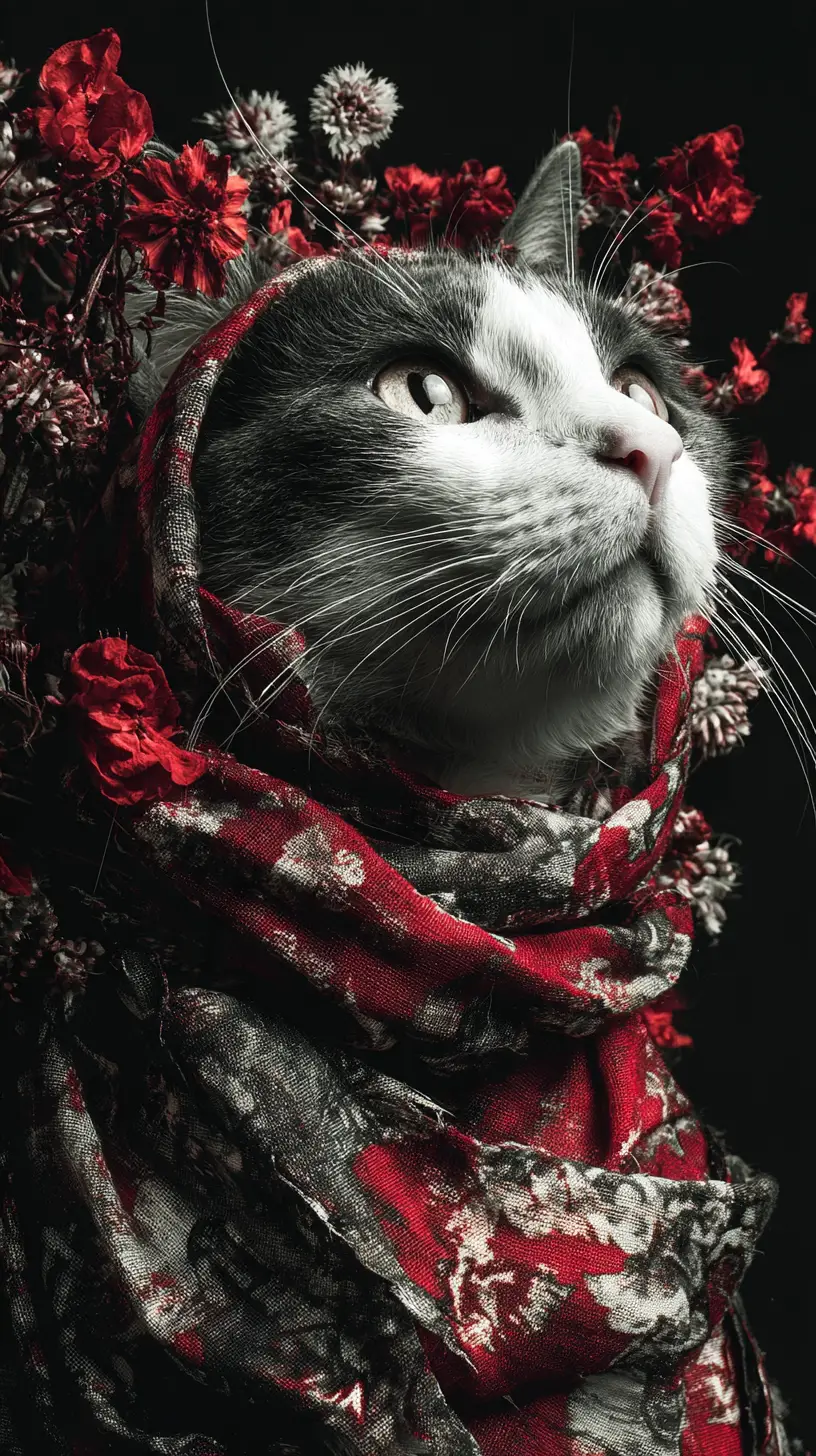 Rot-weiße Katze mit Seidenschal und Blumen