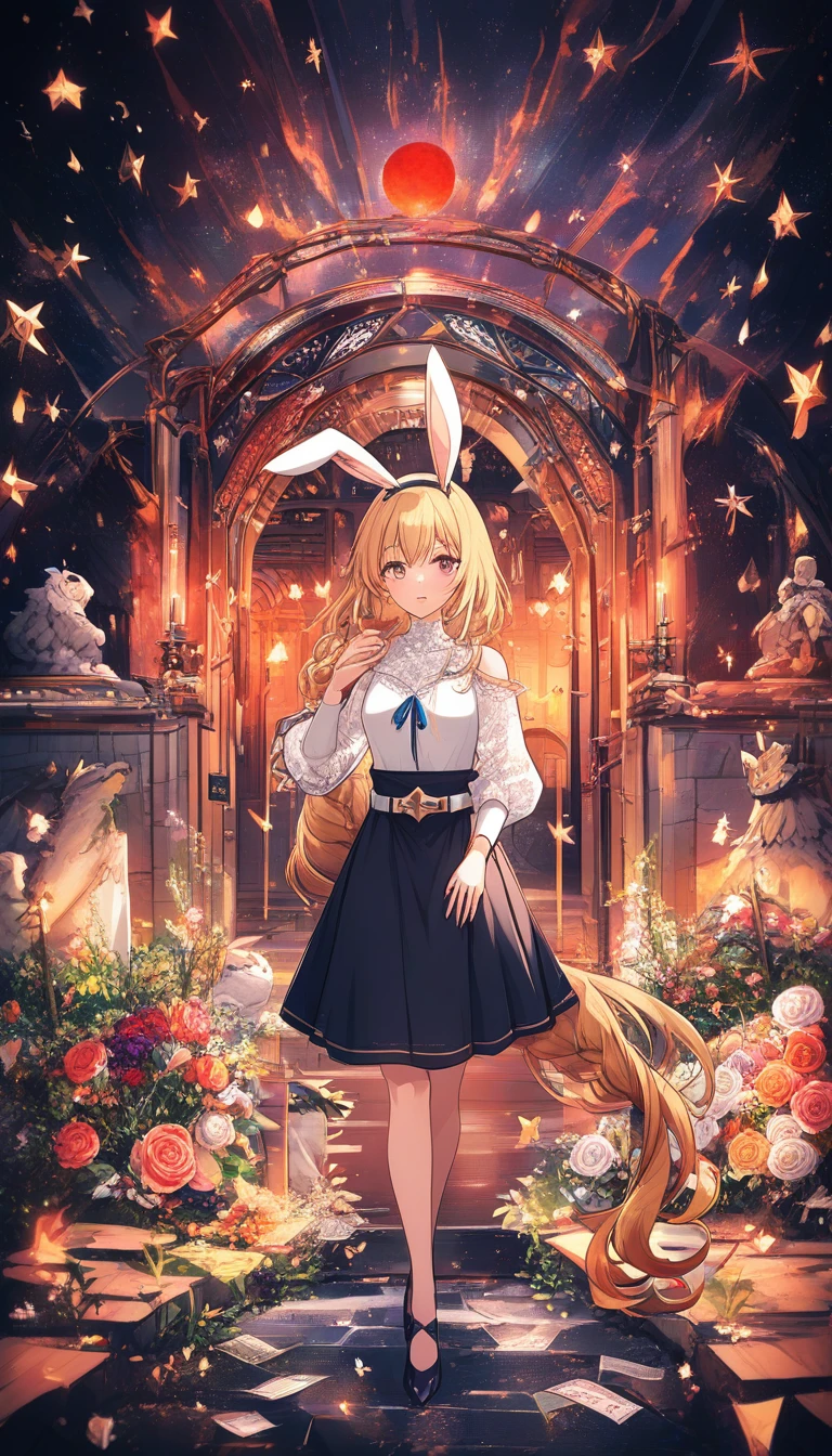 Garota de anime de cabelos dourados em armadura fantasiosa ornamentada